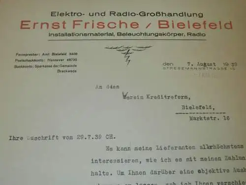 Radio-Handel Ernst Frische in Bielefeld , 1939 , Kreditreform , alte Rechnung !!!