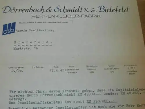 Kleiderfabrik Dörrenbach & Schmidt KG in Bielefeld , 1942 , Creditreform , alte Rechnung !!!