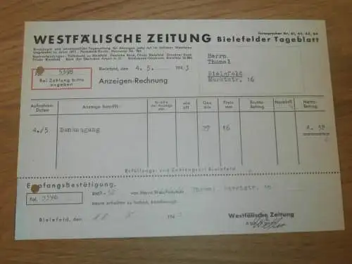 Westfälische Zeitung , 1943 , Tageblatt Bielefeld , Melchior Thumel in Bielefeld , alte Rechnung !!!