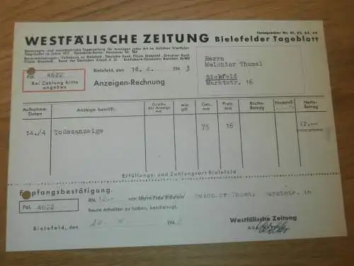 Westfälische Zeitung , 1943 , Tageblatt Bielefeld , Melchior Thumel in Bielefeld , alte Rechnung !!!