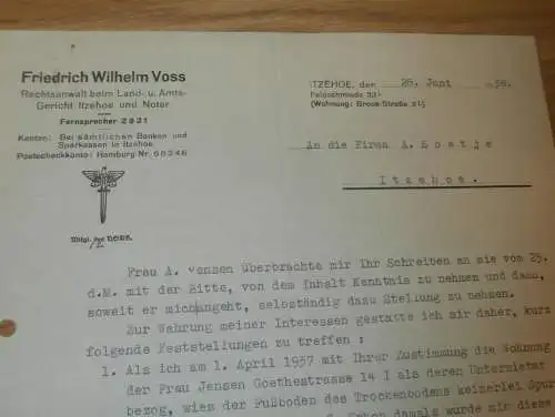 Rechtsanwalt F.W. Voss in Itzehoe , 1938 , Firma A. Soetje , Dokument !!!