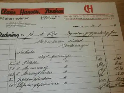 Malermeister Claus Hansen in Itzehoe , 1937 , A. Soetje , alte Rechnung !!!