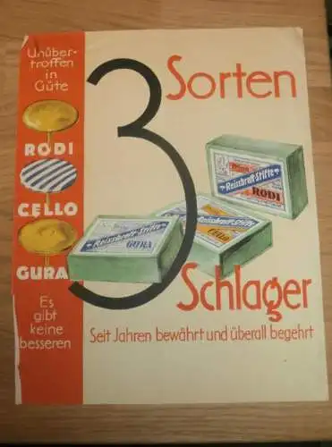 Reklame / Werbung ca. 1948 , Reissbrett-Stifte , RODI , 3 Sorten Schlager , Reiszwecke , Zwecke , Pin , Reißnägel !!! ca