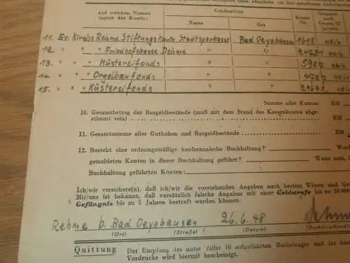 Bargeld-Ablieferung , 1948 , Bad Oeynhausen , Rehme , Dehme , Küsterei , Orgelbau , Minden , Kirche , Finanzamt  !!!