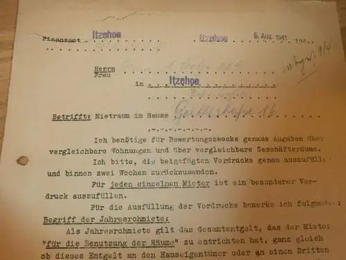 Itzehoe 1941 , Goethestrasse 41 , Nutzraum , Mietwohnung , Dokument !!!