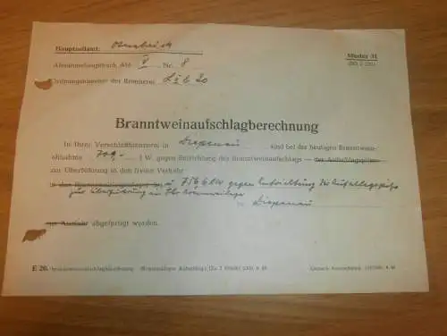 Branntwein-Aufschlag in Diepenau b. Nienburg , 1950 , Brennerei , Alkohol , Spirituosen , alte Rechnung !!!