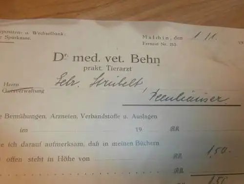 Tierarzt Dr. med. vet. Behn in Malchin i. Mecklenburg , 1932 , Gielow , Arznei Hund , alte Rechnung !!!
