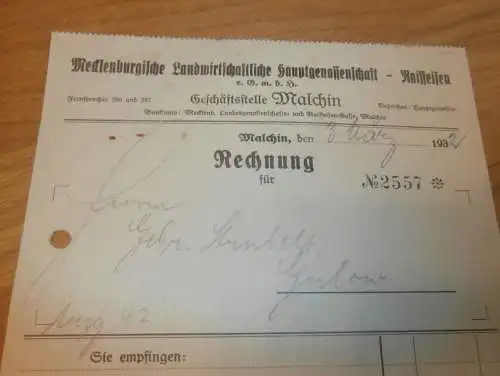 Raiffeisen - Landwirtschaft in Malchin i. Mecklenburg , 1932 , Gielow , 189 KG Cocoskuchen , alte Rechnung !!!