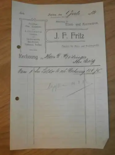 Eisenwaren J.F. Fritz in Malchin i. Mecklenburg , 1912, R. Weidinger in Neustrelitz , alte Rechnung !!!