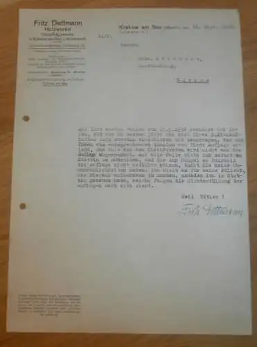 Fritz Dettmann in Krakow am See i. Mecklenburg , 1938 , Kuchelmiß , Dampfsägewerk , alte Rechnung !!!