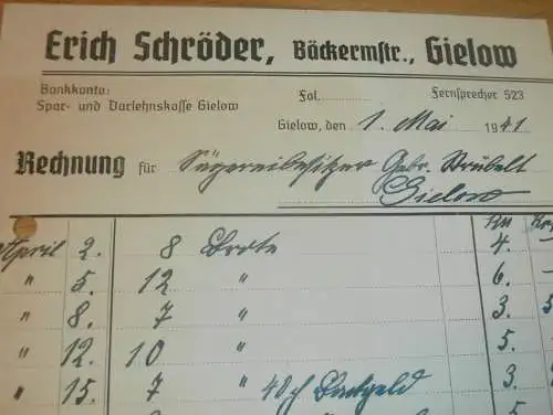 Bäcker Erich Schröder in Gielow i. Mecklenburg , 1.Mai 1941 , Gielow , alte Rechnung  !!!