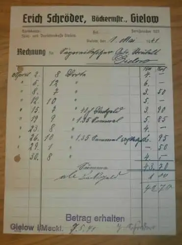 Bäcker Erich Schröder in Gielow i. Mecklenburg , 1.Mai 1941 , Gielow , alte Rechnung  !!!
