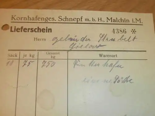 Kornhafen GmbH Schnepf in Malchin i. Mecklenburg , 1942 , Gielow , alte Rechnung  !!!