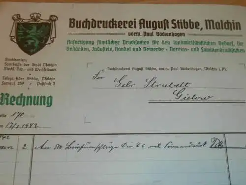 Druckerei August Stibbe in Malchin i. Mecklenburg , 1942 , Gielow , alte Rechnung  !!!