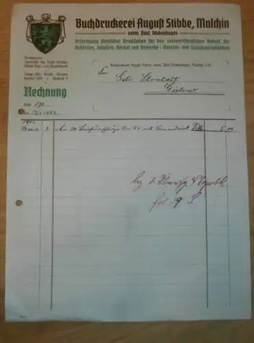Druckerei August Stibbe in Malchin i. Mecklenburg , 1942 , Gielow , alte Rechnung  !!!