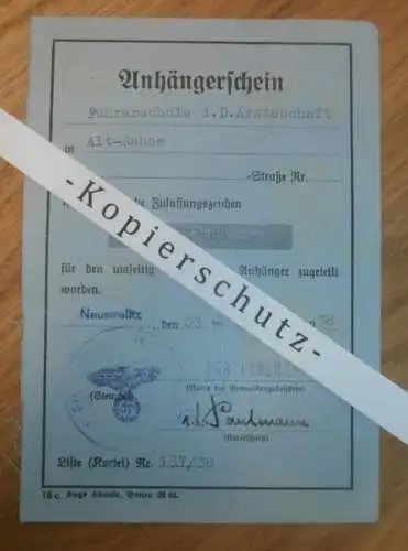 Fahrzeugschein , Führerschule Alt Rehse 1938 ,  Landrat Neustrelitz , DKW , SS !!