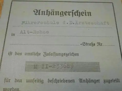 Fahrzeugschein , Führerschule Alt Rehse 1938 ,  Landrat Neustrelitz , DKW , SS !!