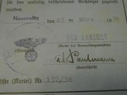 Fahrzeugschein , Führerschule Alt Rehse 1938 ,  Landrat Neustrelitz , DKW , SS !!