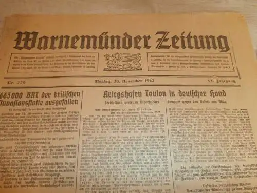 Zeitung Warnemünde , 30.11.1942, Panzer , Eutin , Reichsbräuteschule , Heinkel Werke in Rostock , Mecklenburg