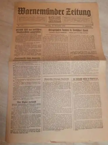 Zeitung Warnemünde , 30.11.1942, Panzer , Eutin , Reichsbräuteschule , Heinkel Werke in Rostock , Mecklenburg