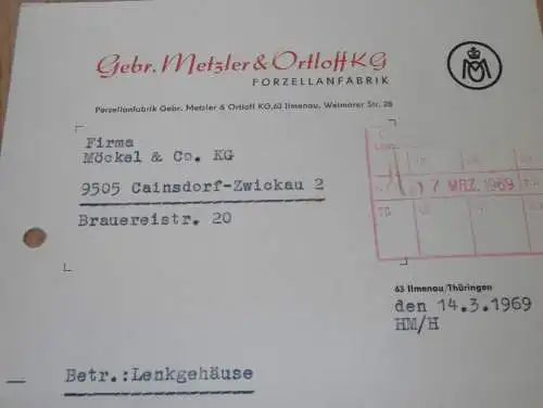 Porzellanfabrik Gebr. Metzler & Ortloff KG in Ilmenau , 1969 , Porzellan , alte Rechnung , Reklame / Werbung !!