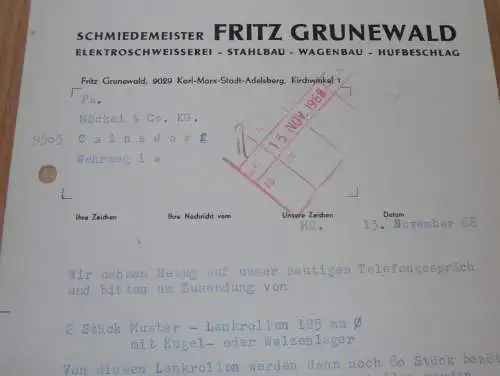 Schmiedemeister Fritz Grunewald in Karl-Marx-Stadt - Adelsberg , 1968 , alte Rechnung , Reklame / Werbung !!
