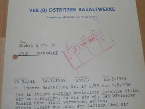 VEB Basaltwerke Ostritz b. Görlitz , 1969 , alte Rechnung , Reklame / Werbung !!
