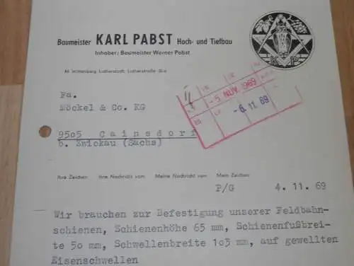 Hoch- und Tiefbau - Karl Pabst in Wittenberg , 1969 , alte Rechnung , Reklame / Werbung !!