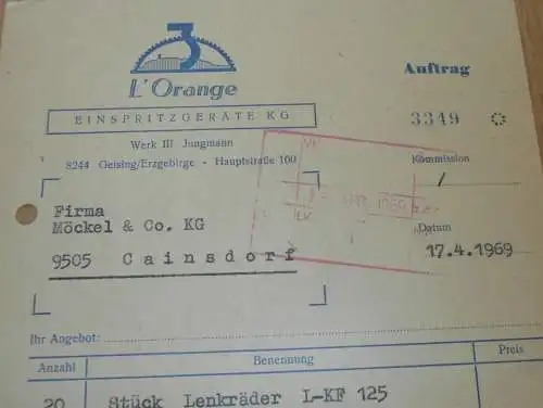 L`Orange - Einspritzgeräte KG in Geising / Altenberg i. Erzgebirge , 1969 , alte Rechnung , Reklame / Werbung !!