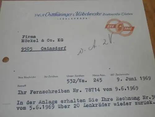 VEB Ostthüringer Möbelwerke - Zeulenroda Triebes , 1969 , alte Rechnung , Reklame / Werbung !!