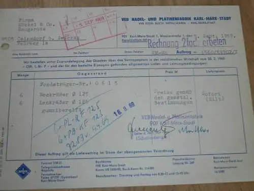 VEB Nadel- und Platinenfabrik Karl-Marx-Stadt , 1969 , alte Rechnung , Reklame / Werbung !!