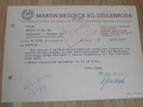 Hobelwerk - Martin Neudeck KG in Zeulenroda , 1969 , alte Rechnung , Reklame / Werbung !!