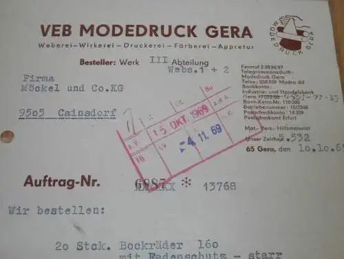VEB Modedruck Gera , 1969 , alte Rechnung , Reklame / Werbung !!