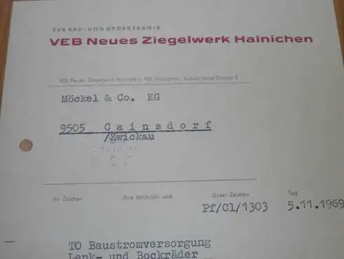 VEB Neues Ziegelwerk Hainichen , 1969 , alte Rechnung , Reklame / Werbung !!