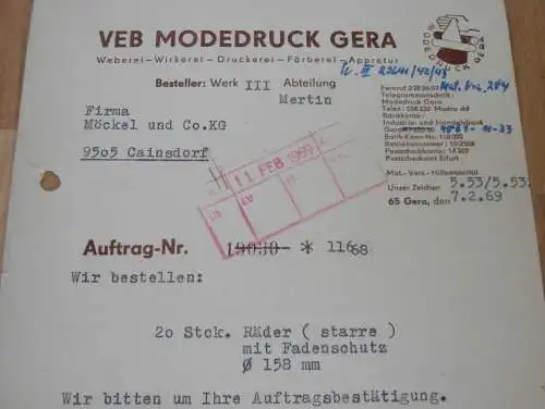 VEB Modedruck Gera , 1969 , alte Rechnung , Reklame / Werbung !!