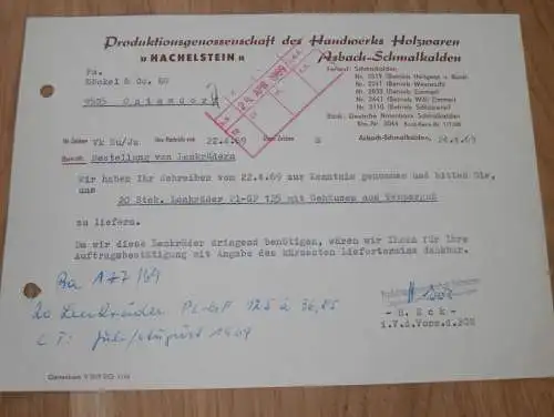 PGH Holzwaren " Hachelstein " in Asbach - Schmalkalden , 1969 , alte Rechnung , Reklame / Werbung !!