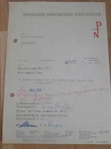 Papierfabrik Neidhardtsthal Schneeweiss & Co. , 1969 , alte Rechnung , Reklame / Werbung !!