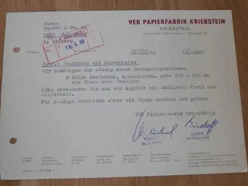 VEB Papierfabrik Kriebstein in Kriebethal b. Waldheim , 1969 , alte Rechnung , Reklame / Werbung !!