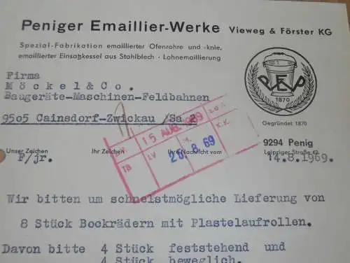 Emaillier-Werke Penig , Emaille , Vieweg & Förster , 1969 , alte Rechnung , Reklame / Werbung !!