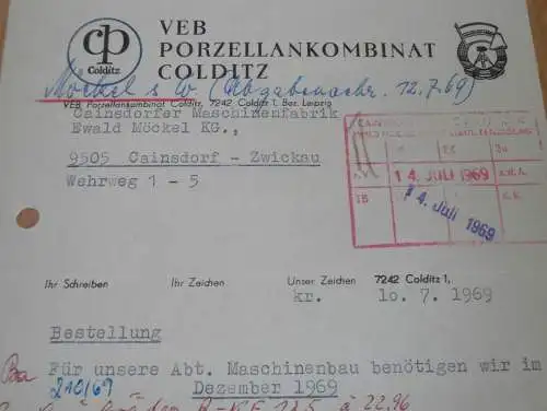 VEB Porzellan Kombinat Colditz , 1969 , alte Rechnung , Reklame / Werbung !!