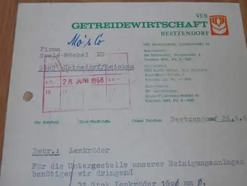 VEB Getreidewirtschaft Beetzendorf b. Salzwedel , 1968 , alte Rechnung , Reklame / Werbung !!