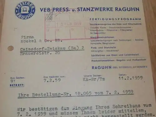 VEB Press- und Stanzwerk Raguhn b. Bitterfeld , 1959 , alte Rechnung , Reklame / Werbung !!