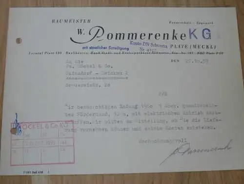 Baumeister W. Pommerenke in Plate i. Mecklenburg , 1959 , alte Rechnung , Reklame / Werbung !!