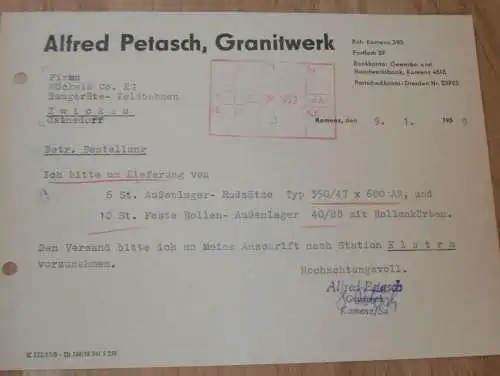 Granitwerk - Alfred Petasch in Kamenz , 1959 , alte Rechnung , Reklame / Werbung !!