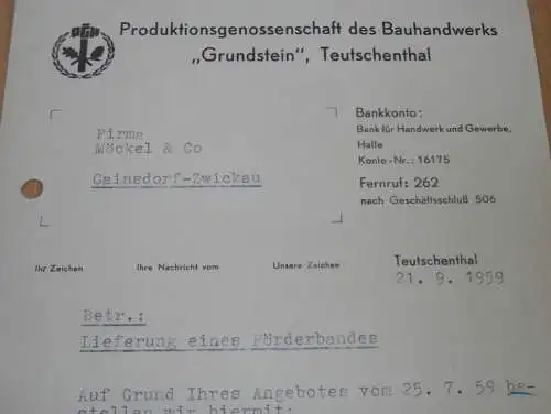 PGH Bauhandwerk "Grundstein" in Teutschenthal , 1959 , alte Rechnung , Reklame / Werbung !!