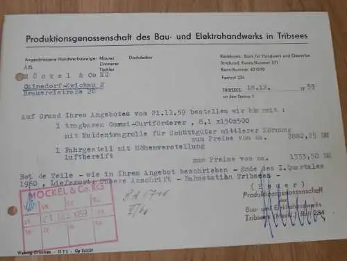 Bau- und Elektrohandwerk in Tribsees , 1959 , alte Rechnung , Reklame / Werbung !!