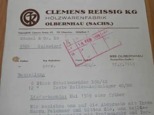 Holzfabrik - Clemens Reissig KG in Olbernhau i. Sachsen , 1969 , alte Rechnung , Reklame / Werbung !!