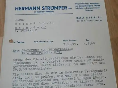 Wasserversorgung - Hermann Strümper OHG in Halle a. Saale , 1960 , alte Rechnung , Reklame / Werbung !!