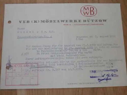 VEB Möbelwerke Bützow , 1959 , alte Rechnung , Reklame / Werbung !!