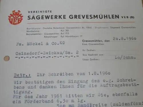 VEB Sägewerke in Grevesmühlen , 1960 , alte Rechnung , Reklame / Werbung !!